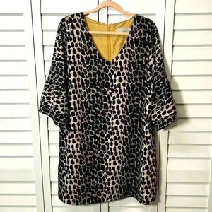 Belongsci Leopard Print V-Neck 3/4 Bell Sleeve Dress Size XL